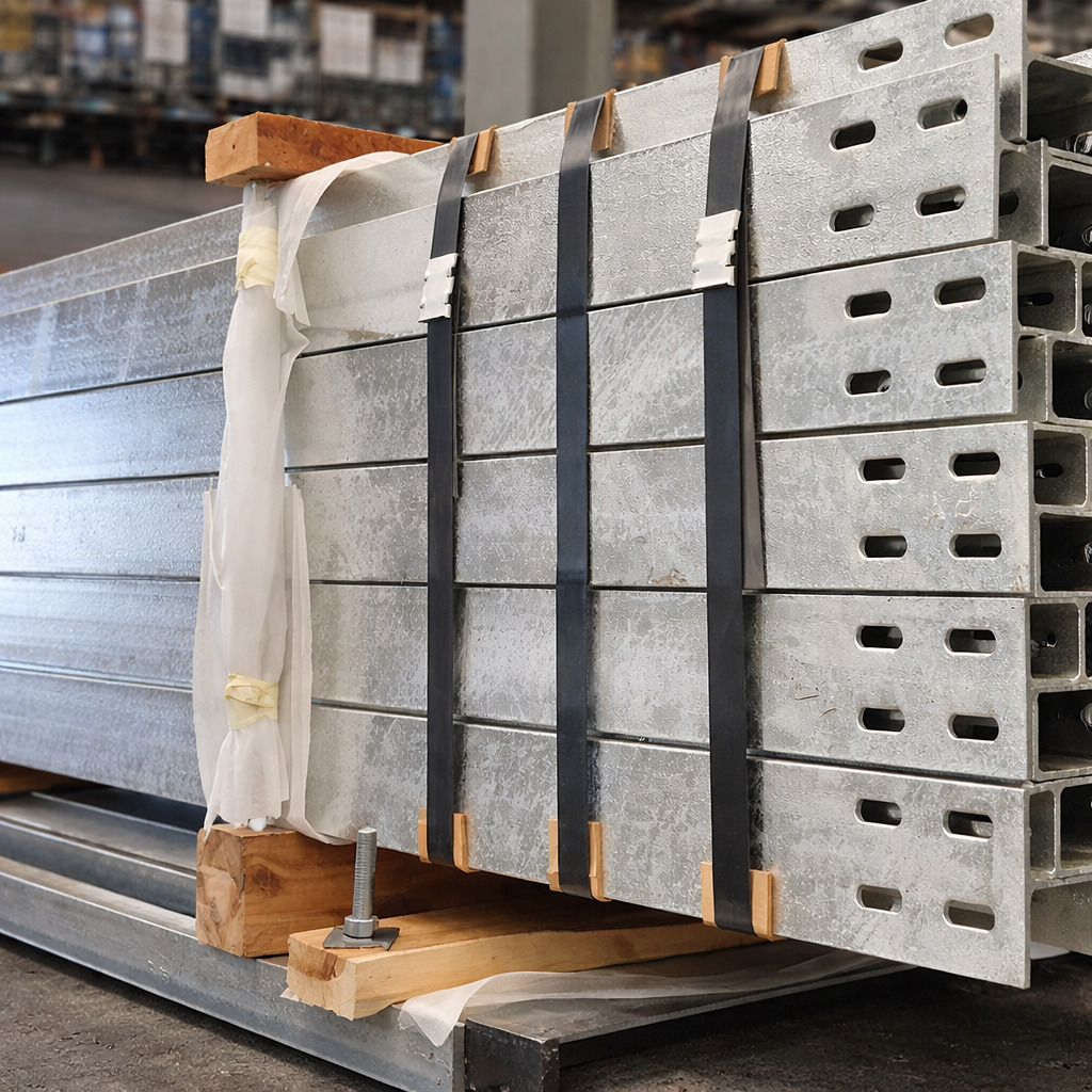 Galvanized beam post bundle wrapped and ready for delivery
